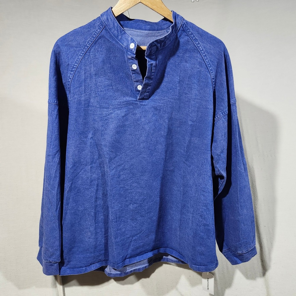 Ouku Mens Acid Wash Henley Shirt Blue Long Sleeve Band Collar Relaxed Fit New